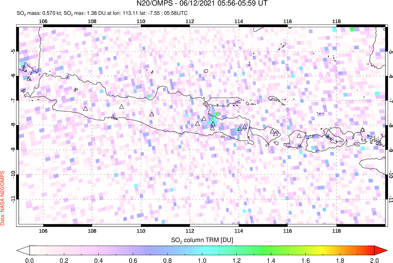 A sulfur dioxide image over Java, Indonesia on Jun 12, 2021.