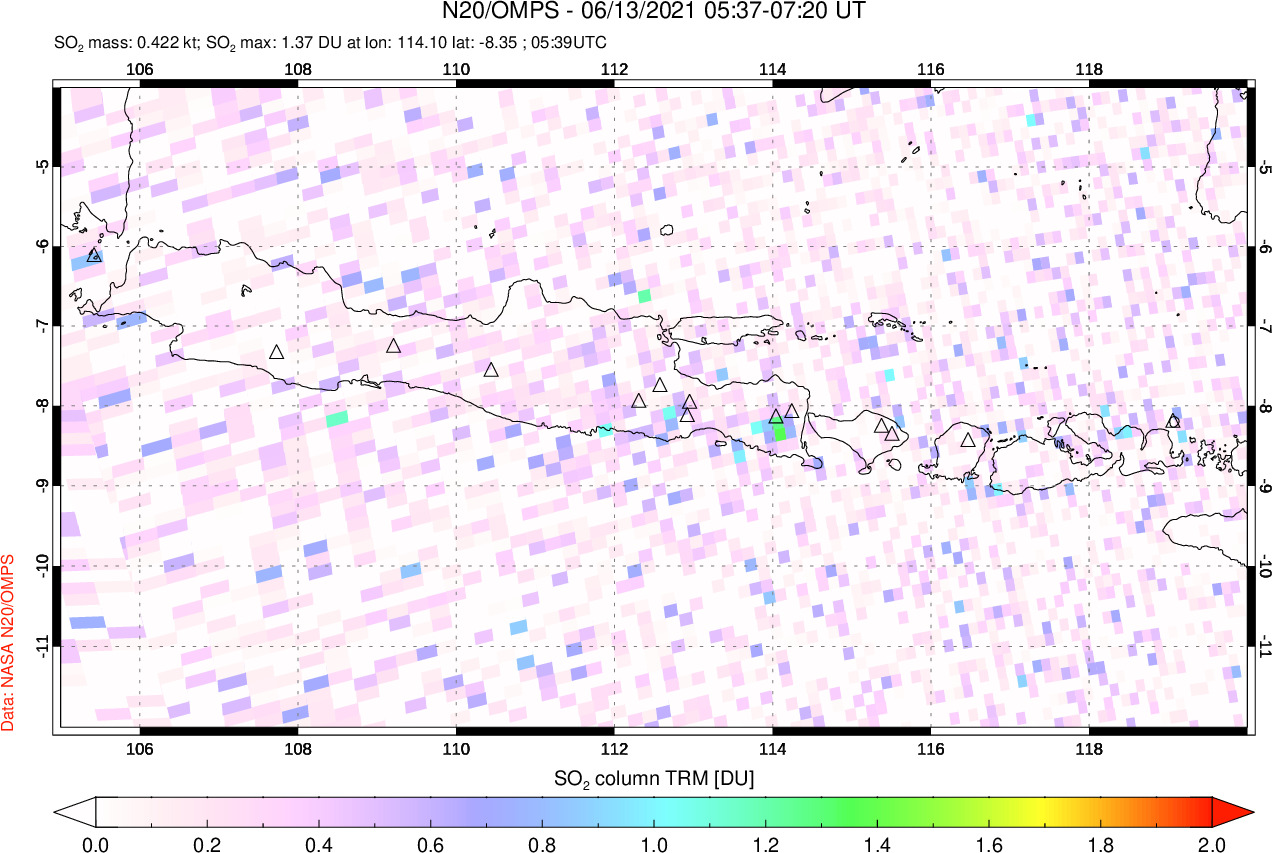 A sulfur dioxide image over Java, Indonesia on Jun 13, 2021.