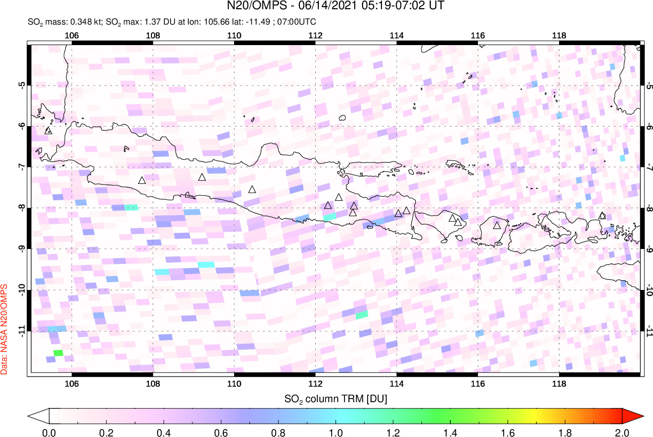 A sulfur dioxide image over Java, Indonesia on Jun 14, 2021.