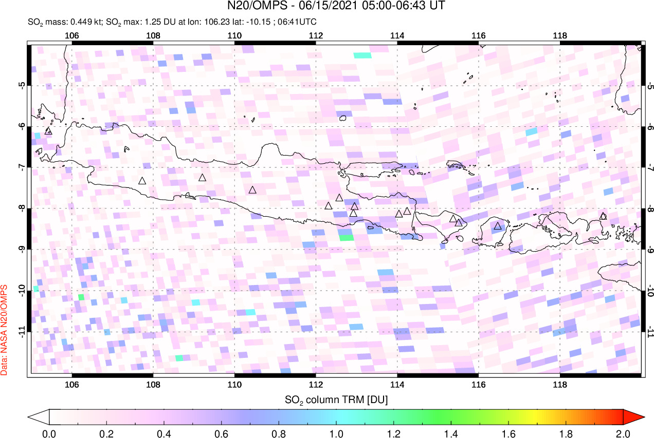 A sulfur dioxide image over Java, Indonesia on Jun 15, 2021.