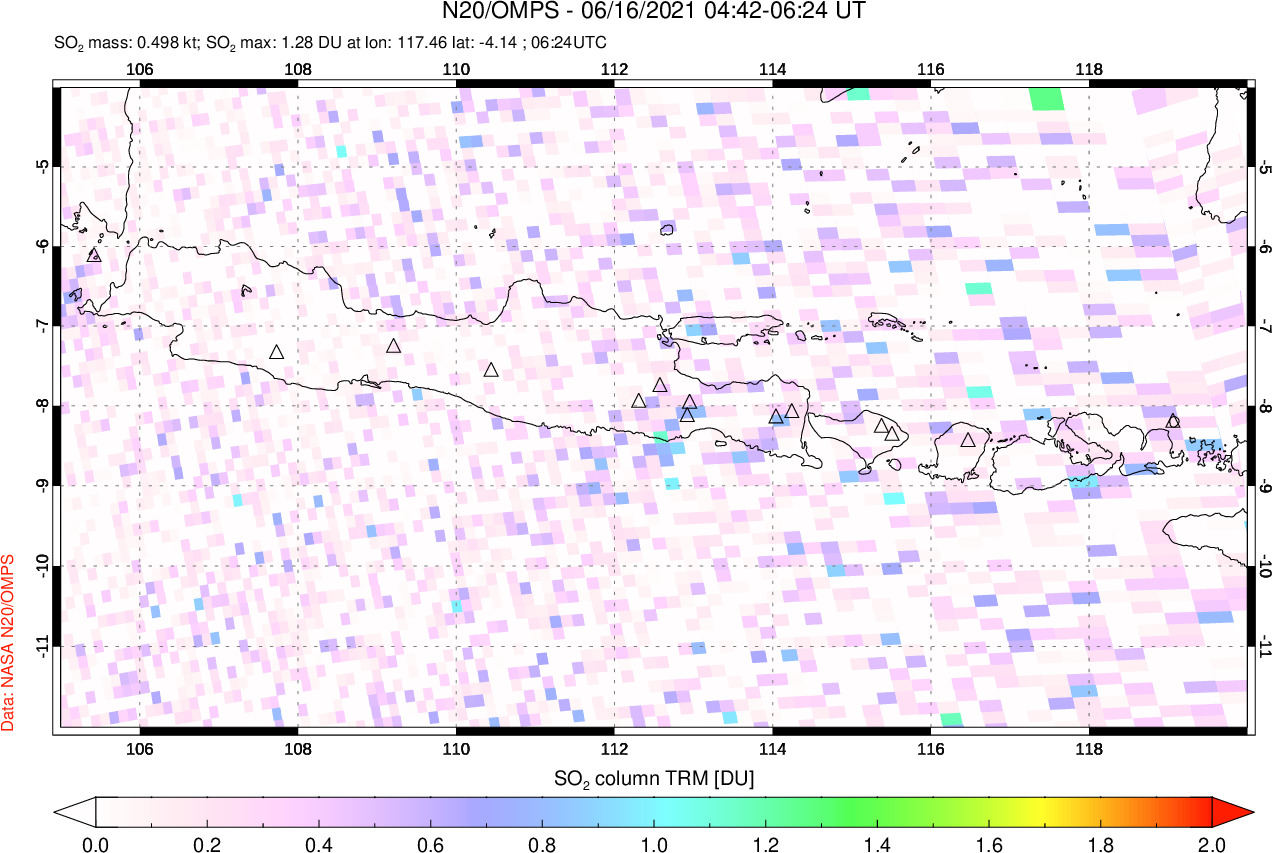 A sulfur dioxide image over Java, Indonesia on Jun 16, 2021.