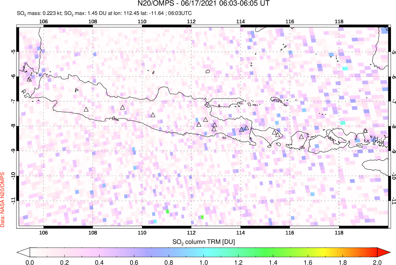 A sulfur dioxide image over Java, Indonesia on Jun 17, 2021.