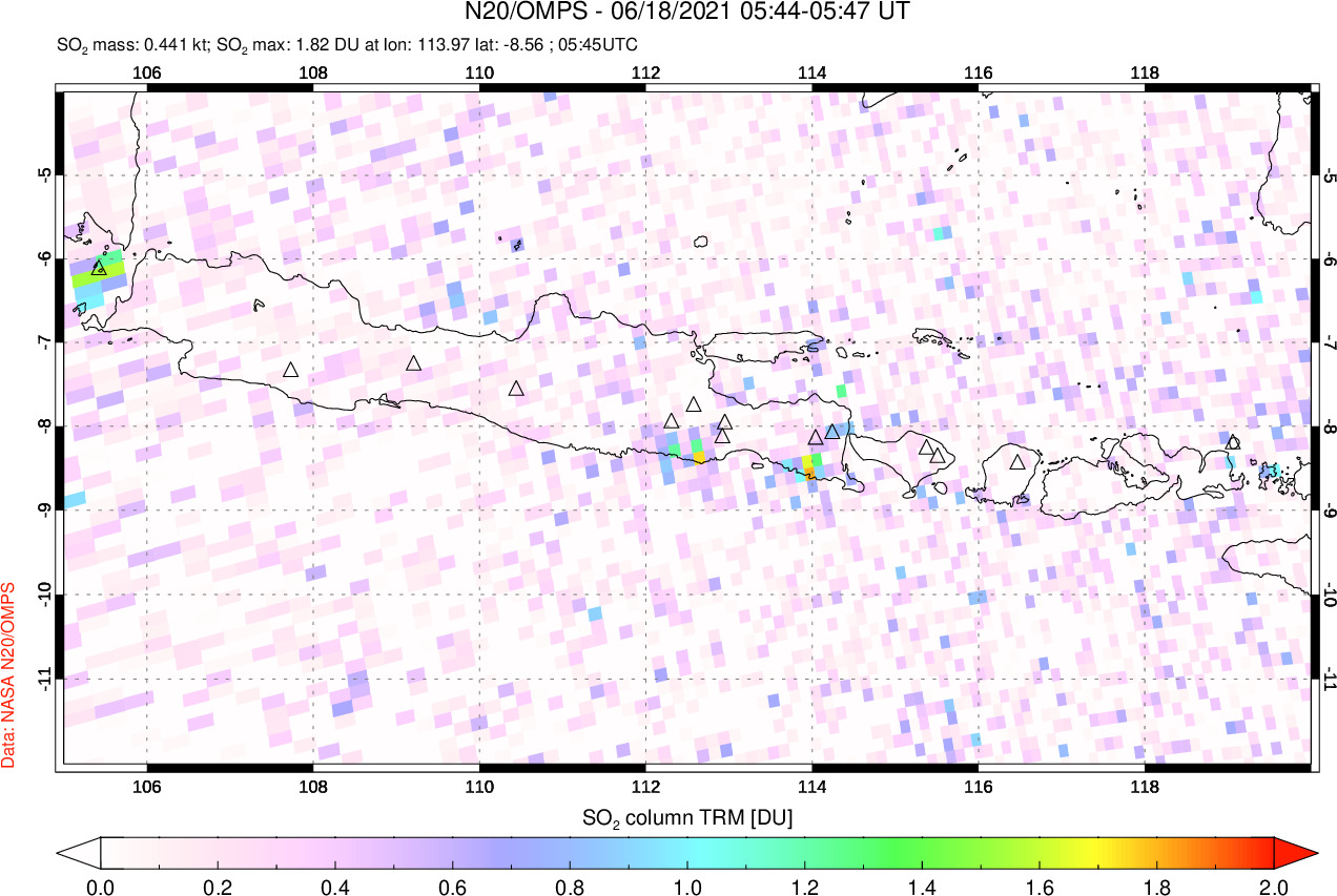 A sulfur dioxide image over Java, Indonesia on Jun 18, 2021.