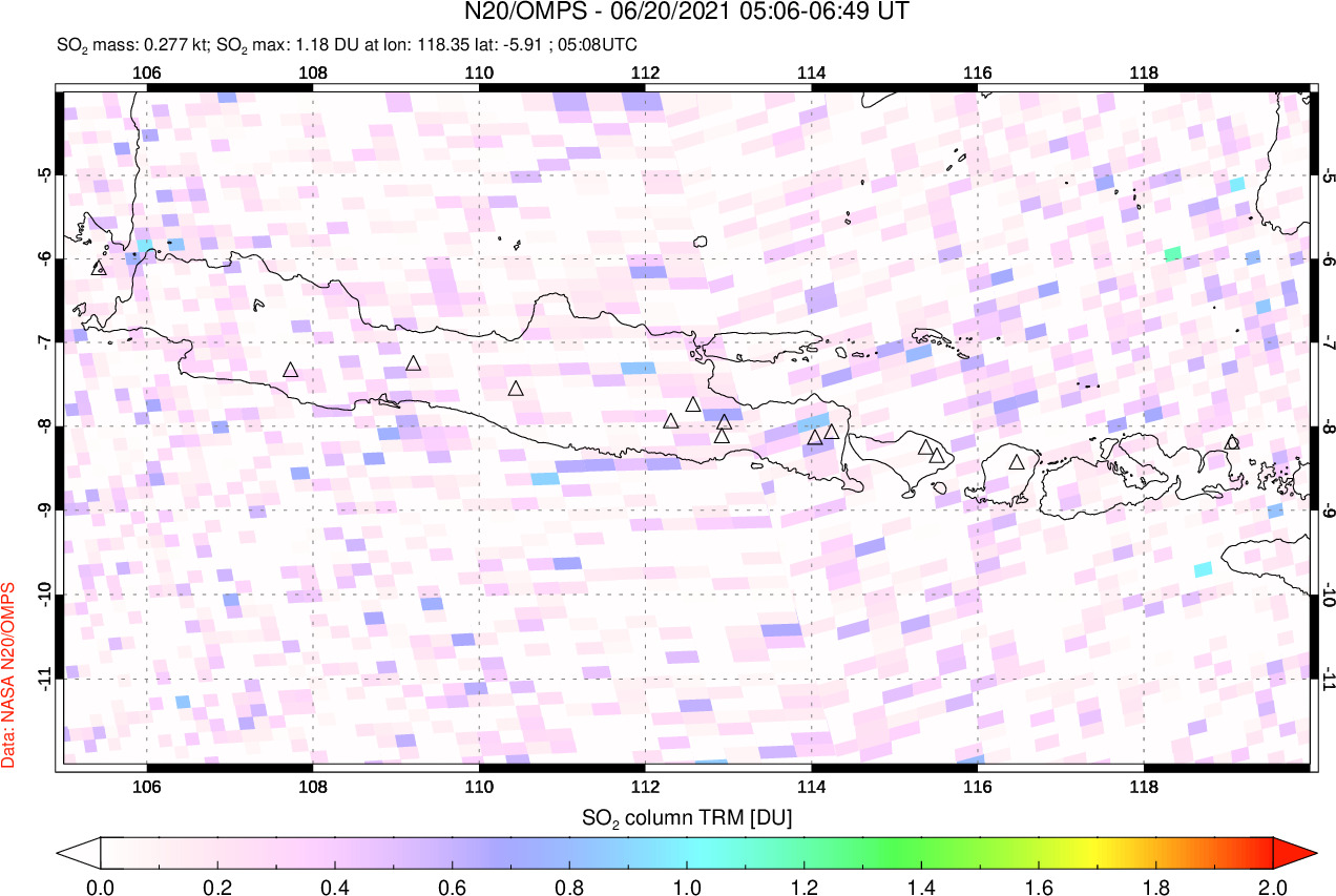 A sulfur dioxide image over Java, Indonesia on Jun 20, 2021.