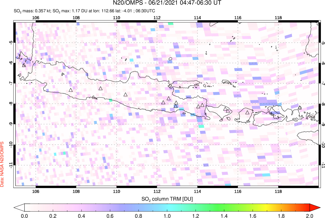 A sulfur dioxide image over Java, Indonesia on Jun 21, 2021.