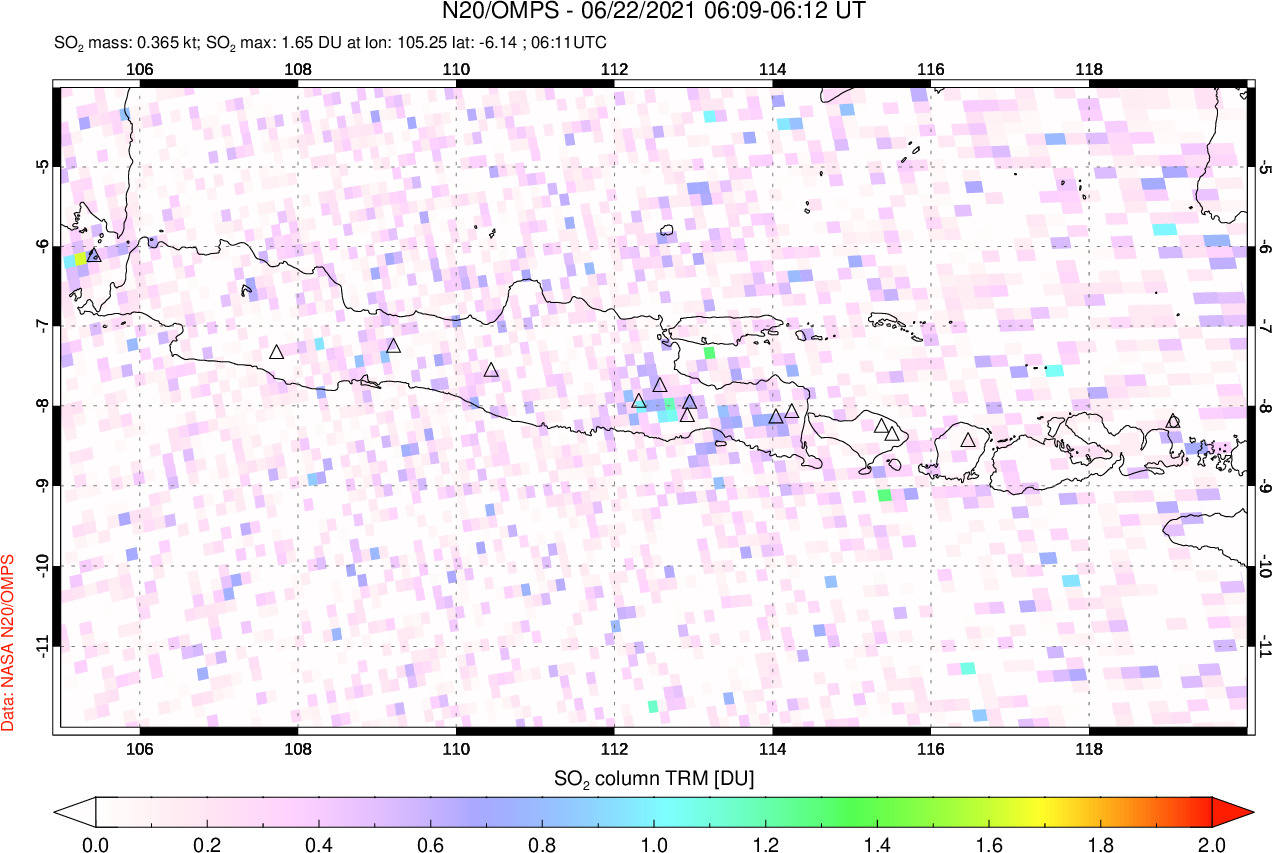 A sulfur dioxide image over Java, Indonesia on Jun 22, 2021.