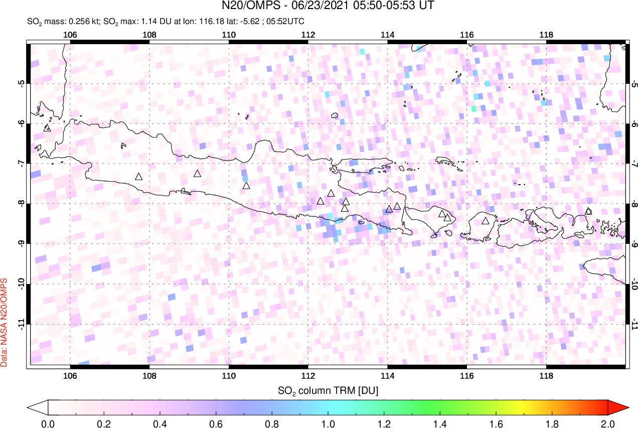 A sulfur dioxide image over Java, Indonesia on Jun 23, 2021.