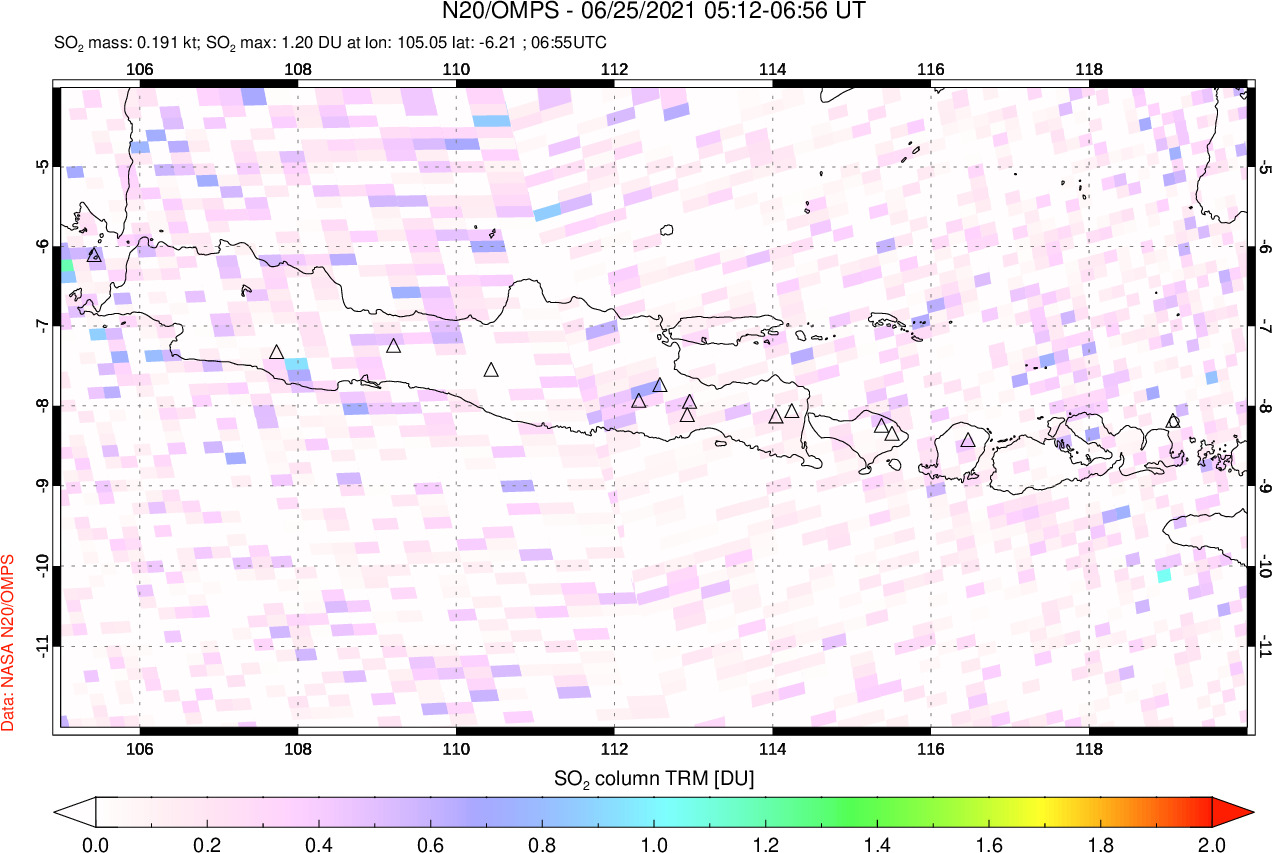 A sulfur dioxide image over Java, Indonesia on Jun 25, 2021.