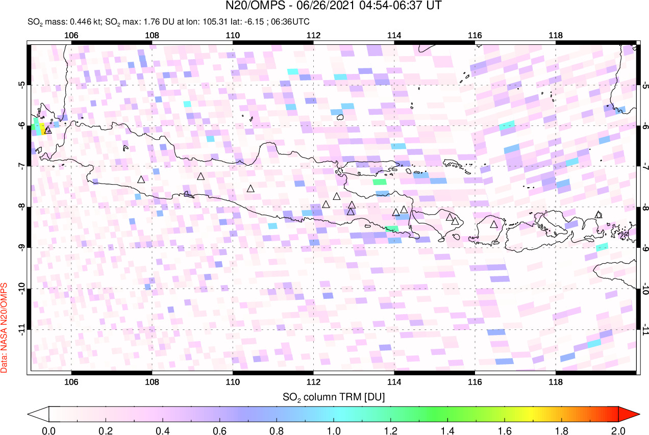 A sulfur dioxide image over Java, Indonesia on Jun 26, 2021.