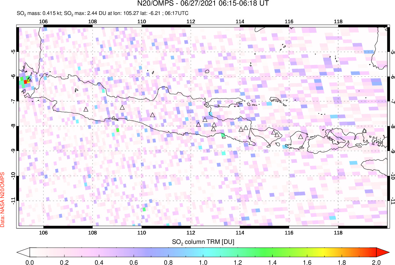 A sulfur dioxide image over Java, Indonesia on Jun 27, 2021.