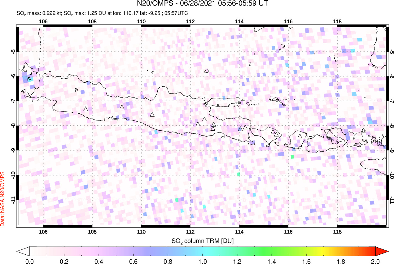 A sulfur dioxide image over Java, Indonesia on Jun 28, 2021.