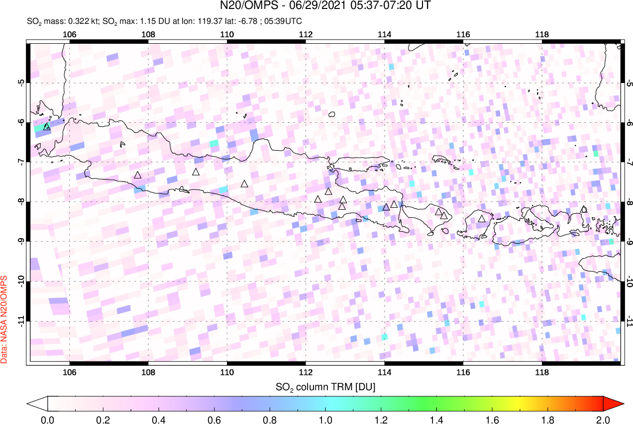 A sulfur dioxide image over Java, Indonesia on Jun 29, 2021.