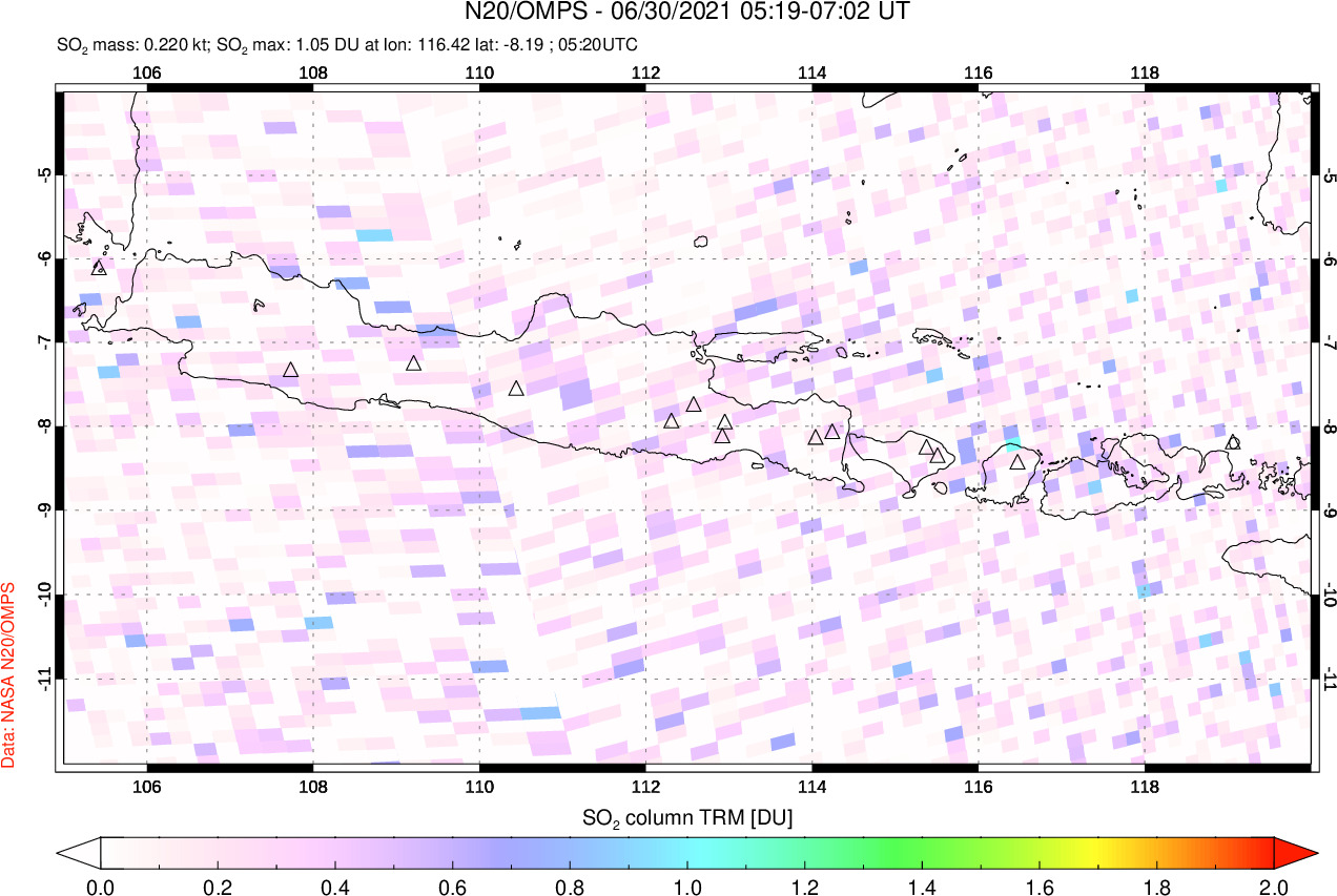 A sulfur dioxide image over Java, Indonesia on Jun 30, 2021.