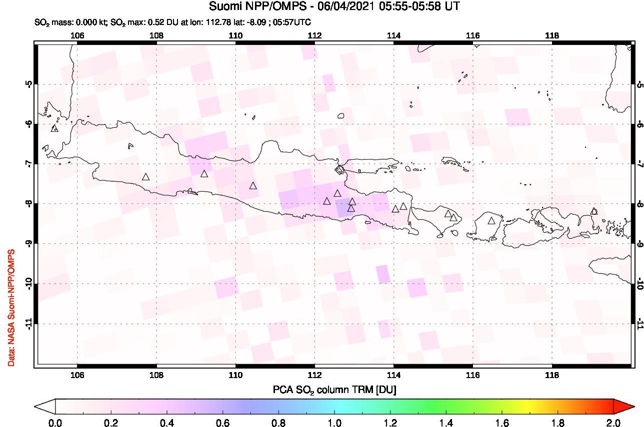 A sulfur dioxide image over Java, Indonesia on Jun 04, 2021.