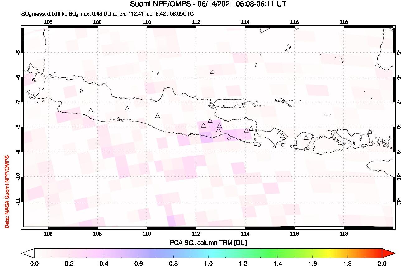 A sulfur dioxide image over Java, Indonesia on Jun 14, 2021.