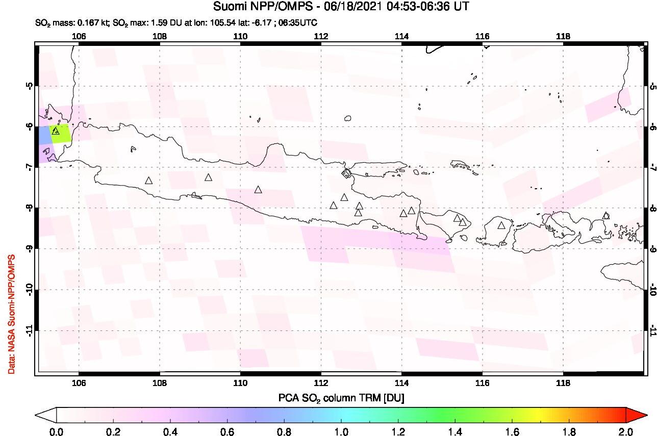 A sulfur dioxide image over Java, Indonesia on Jun 18, 2021.