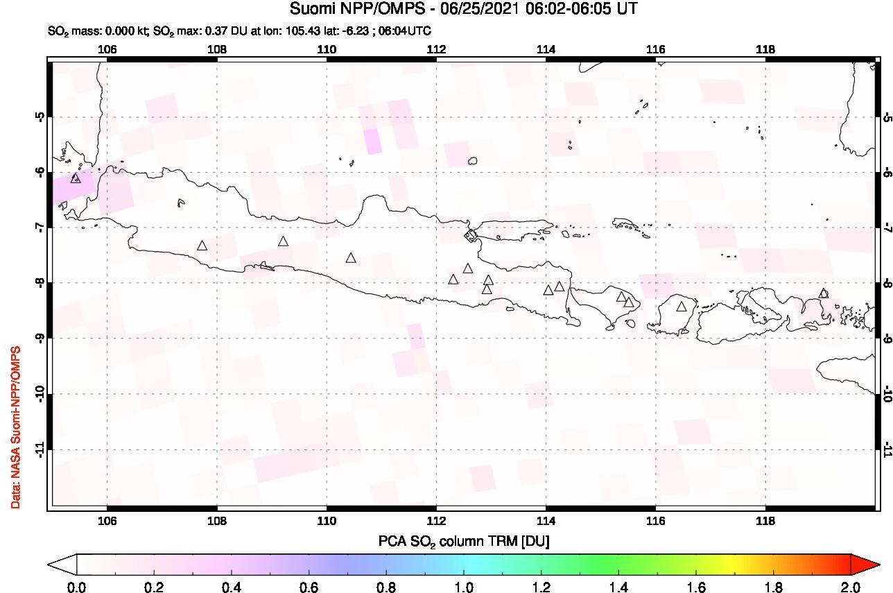 A sulfur dioxide image over Java, Indonesia on Jun 25, 2021.
