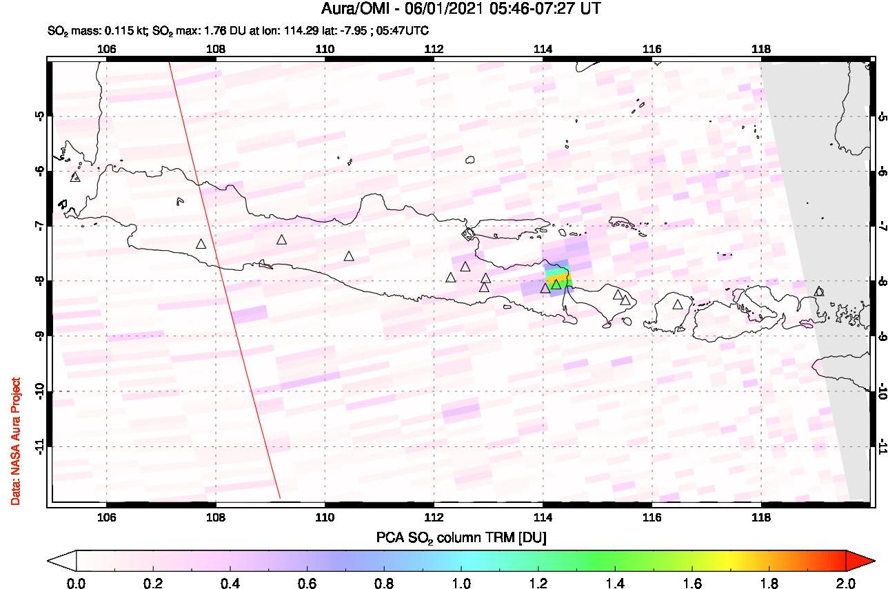 A sulfur dioxide image over Java, Indonesia on Jun 01, 2021.