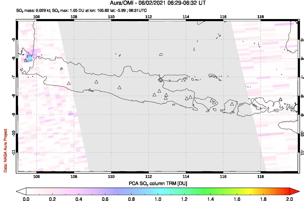A sulfur dioxide image over Java, Indonesia on Jun 02, 2021.
