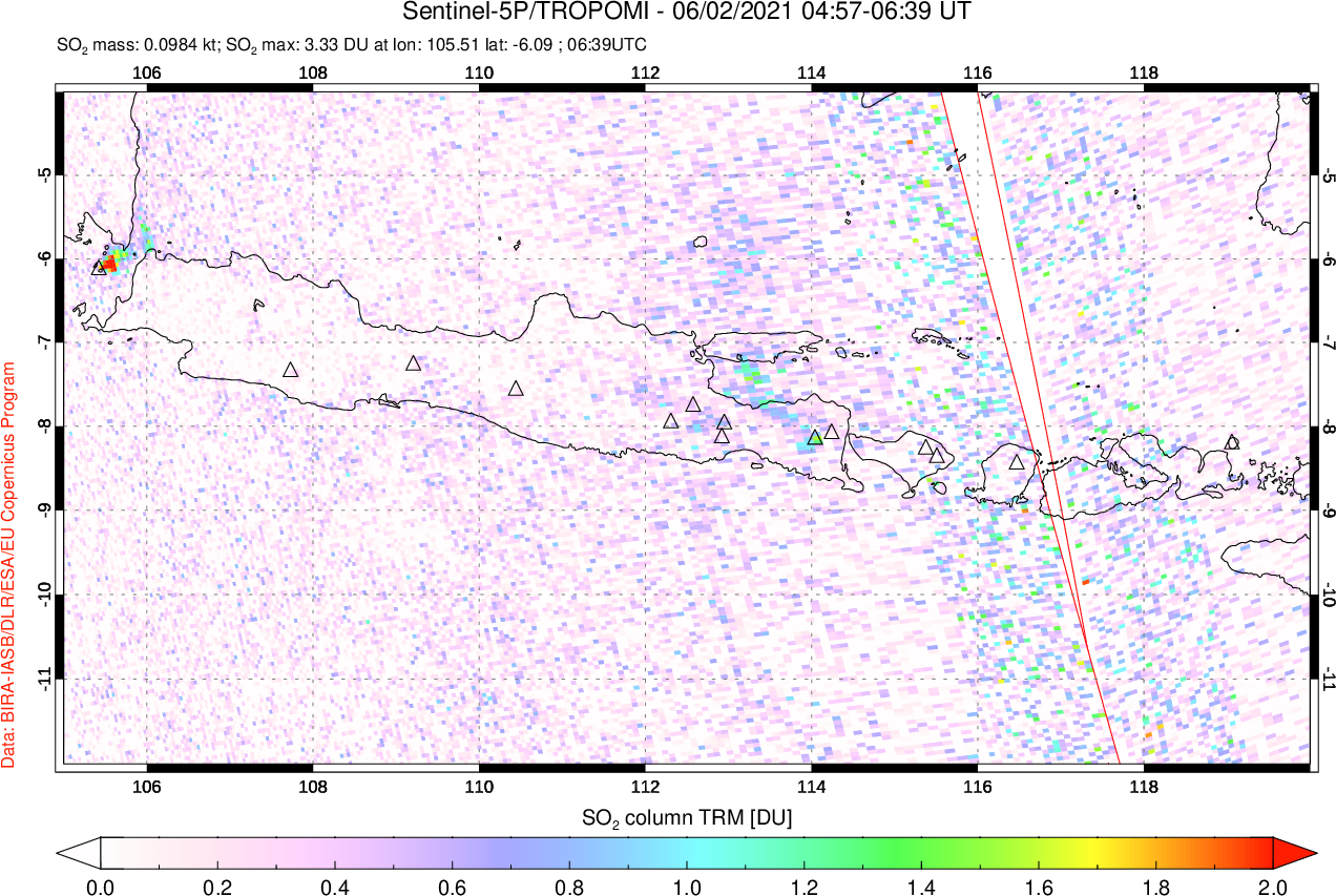 A sulfur dioxide image over Java, Indonesia on Jun 02, 2021.