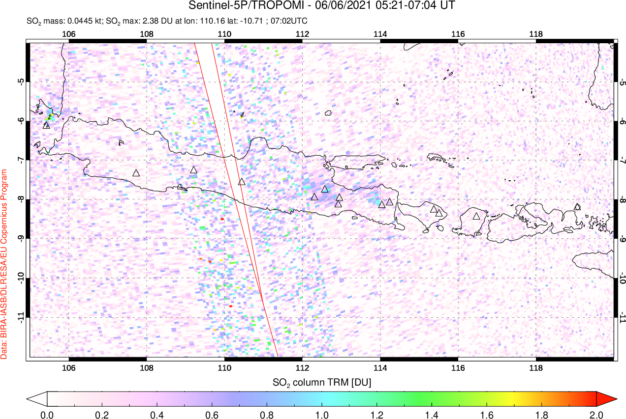 A sulfur dioxide image over Java, Indonesia on Jun 06, 2021.