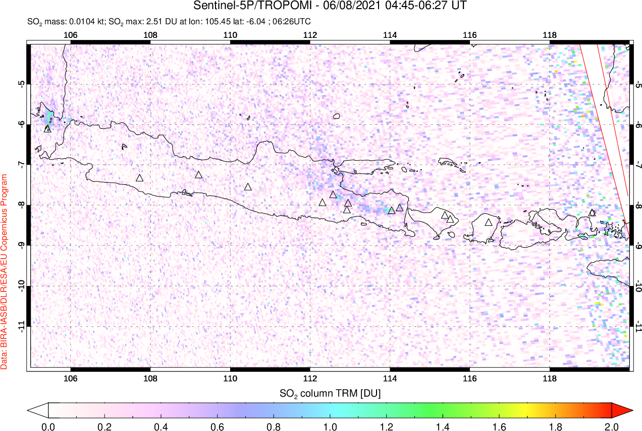 A sulfur dioxide image over Java, Indonesia on Jun 08, 2021.