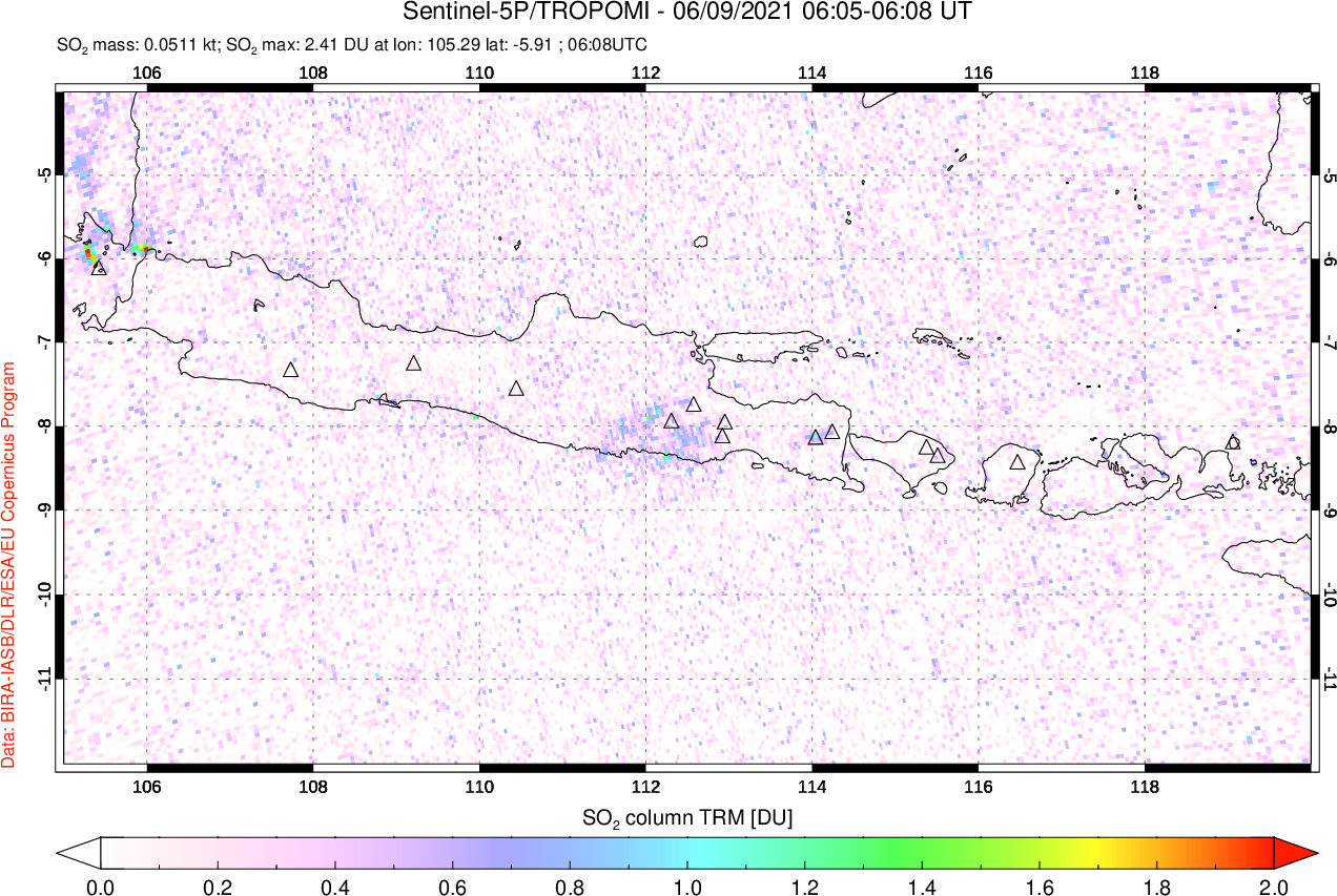 A sulfur dioxide image over Java, Indonesia on Jun 09, 2021.