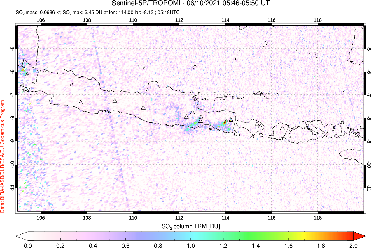 A sulfur dioxide image over Java, Indonesia on Jun 10, 2021.