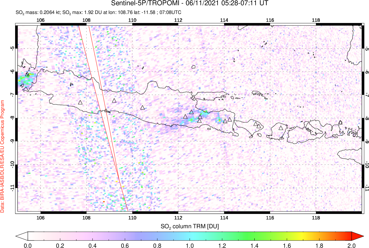 A sulfur dioxide image over Java, Indonesia on Jun 11, 2021.