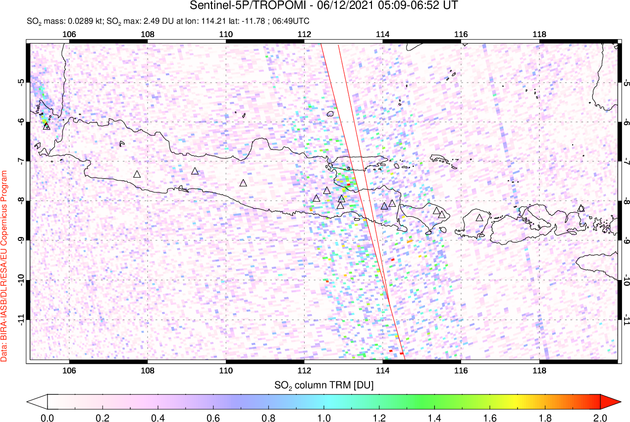 A sulfur dioxide image over Java, Indonesia on Jun 12, 2021.