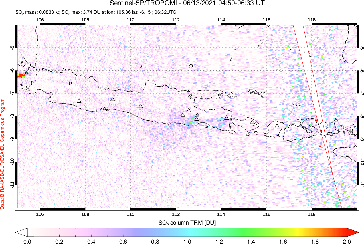 A sulfur dioxide image over Java, Indonesia on Jun 13, 2021.