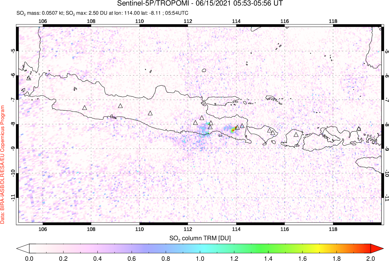 A sulfur dioxide image over Java, Indonesia on Jun 15, 2021.