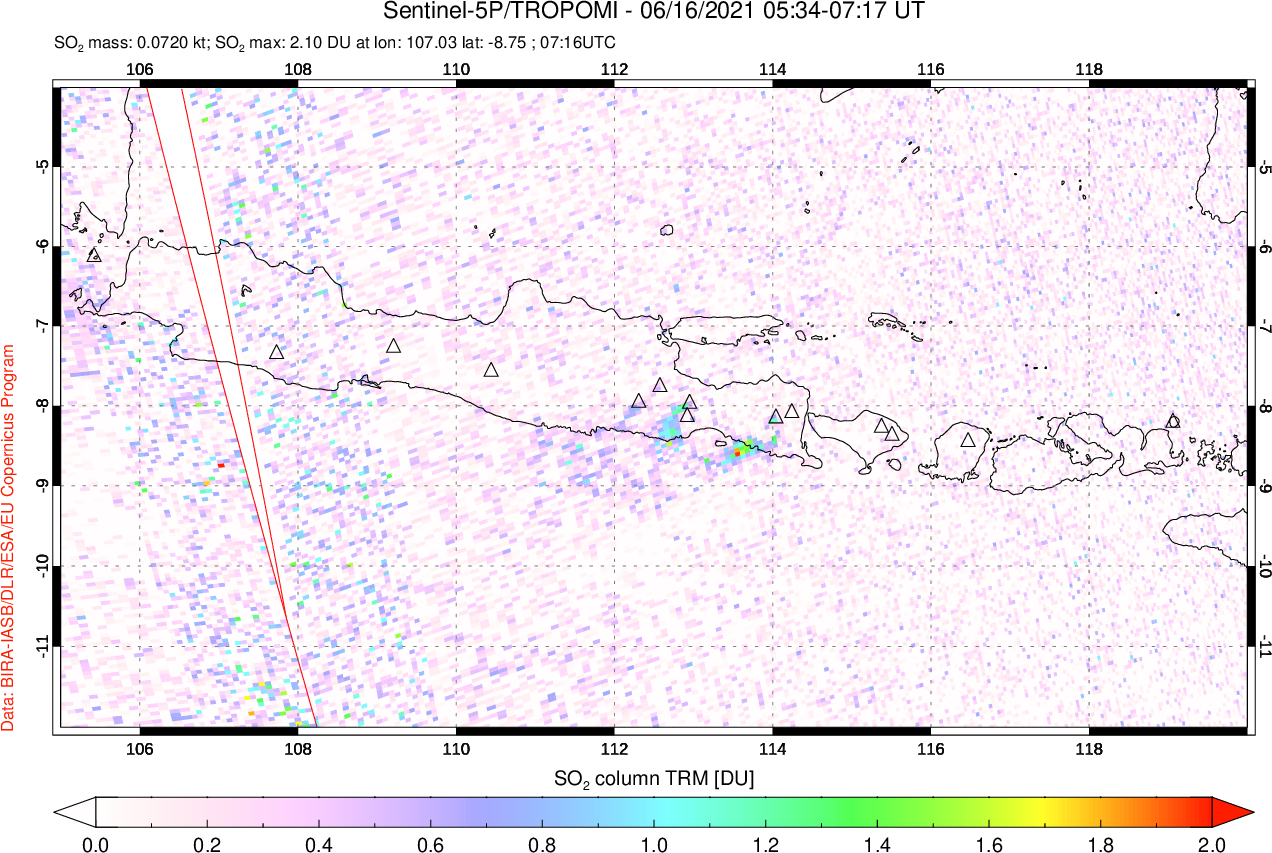 A sulfur dioxide image over Java, Indonesia on Jun 16, 2021.