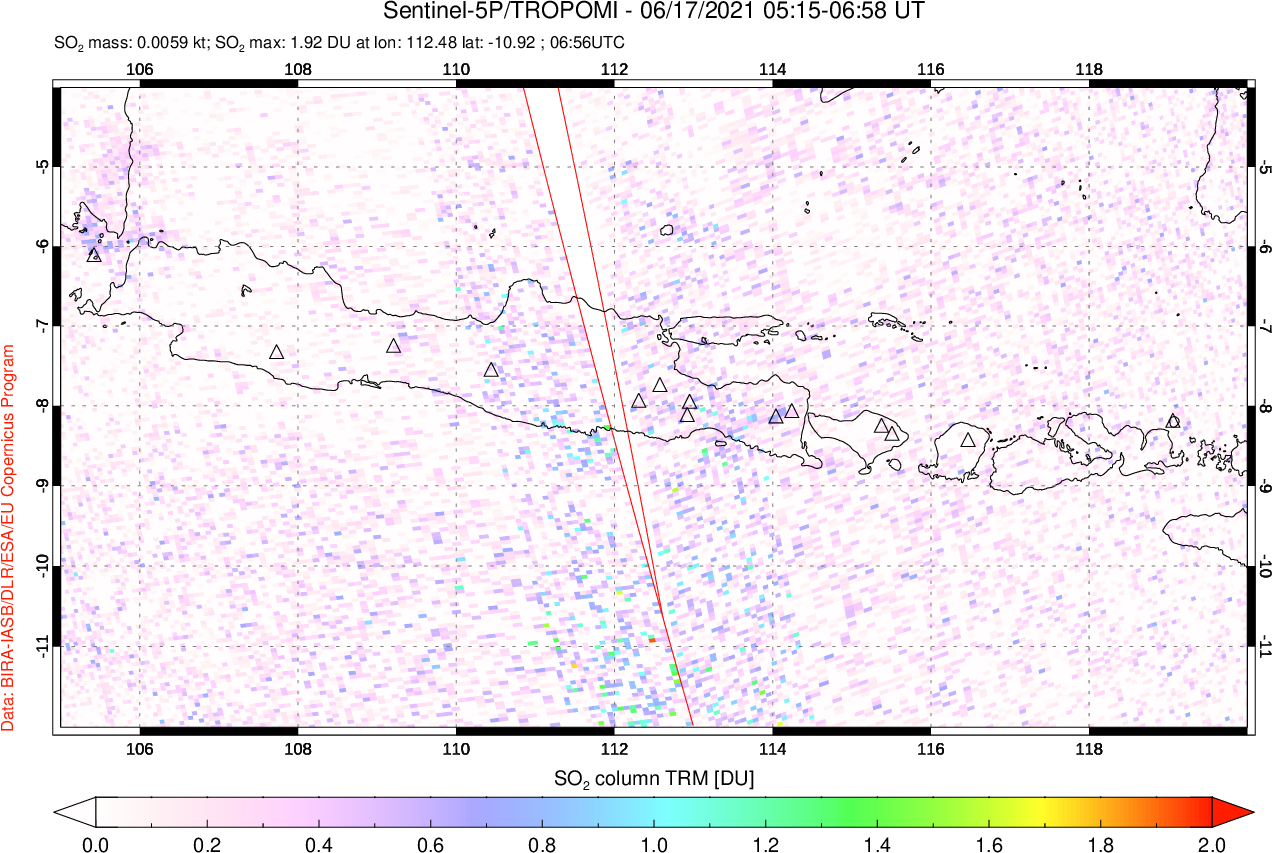 A sulfur dioxide image over Java, Indonesia on Jun 17, 2021.