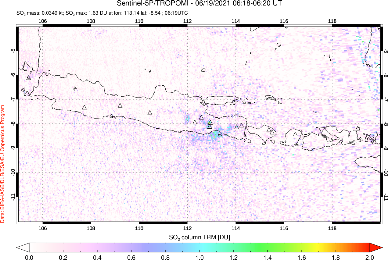 A sulfur dioxide image over Java, Indonesia on Jun 19, 2021.