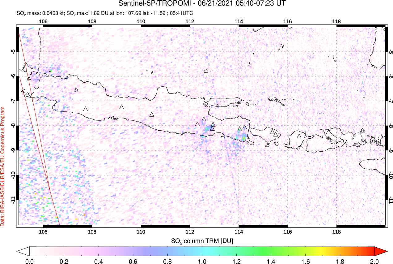 A sulfur dioxide image over Java, Indonesia on Jun 21, 2021.