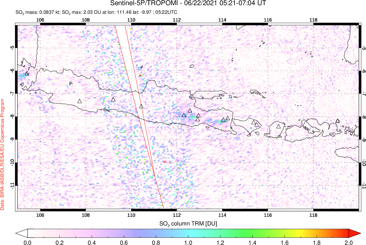 A sulfur dioxide image over Java, Indonesia on Jun 22, 2021.