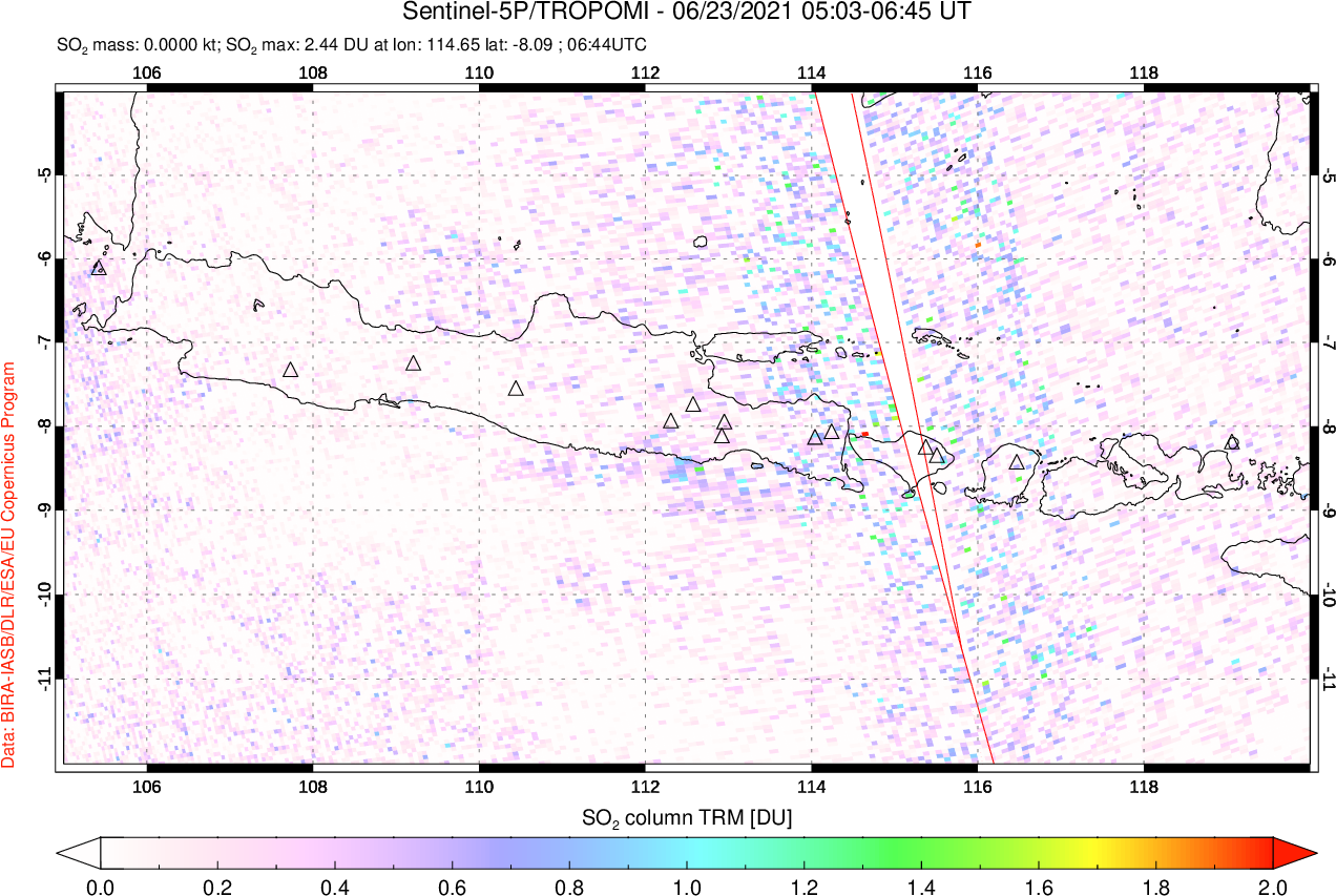 A sulfur dioxide image over Java, Indonesia on Jun 23, 2021.