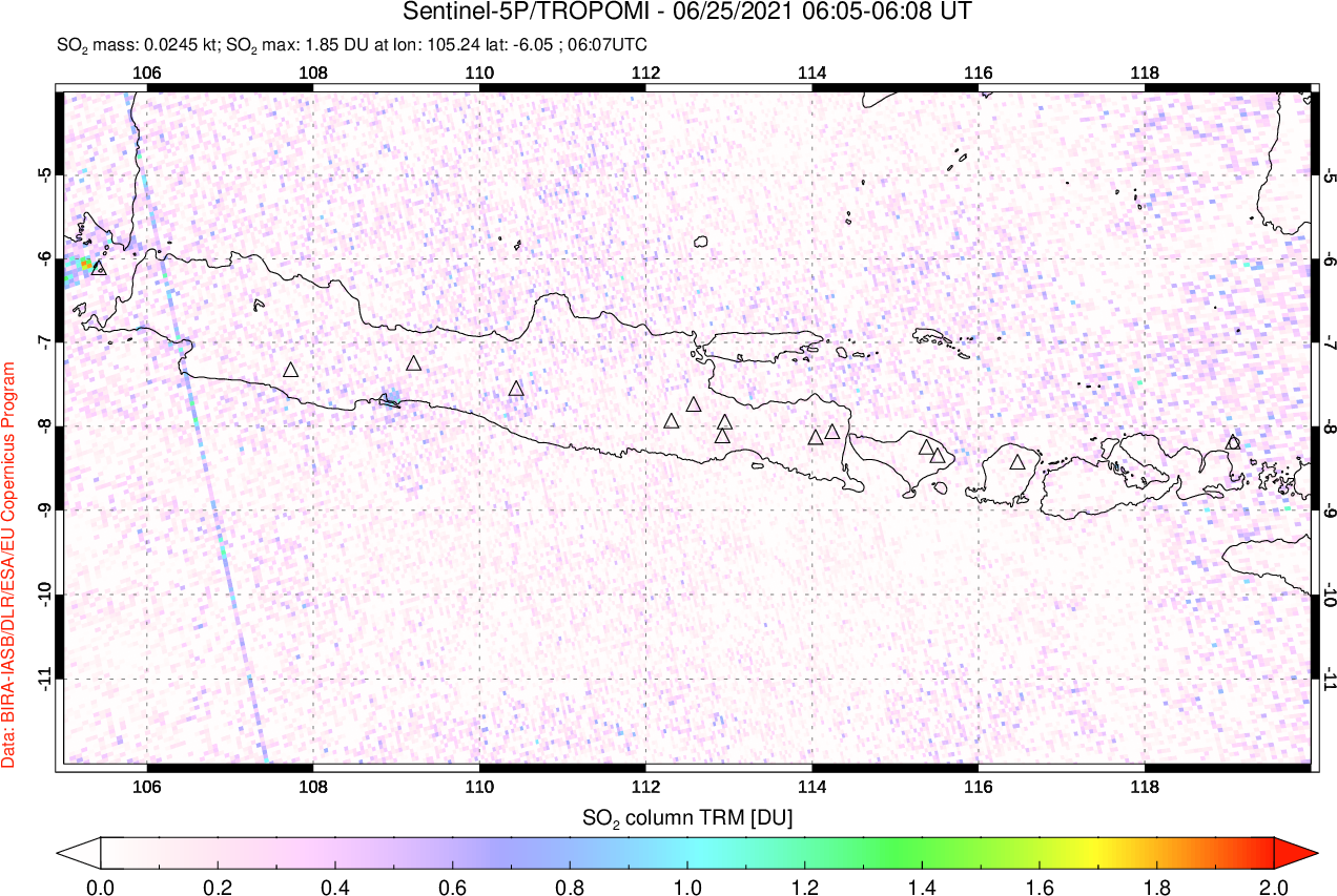 A sulfur dioxide image over Java, Indonesia on Jun 25, 2021.