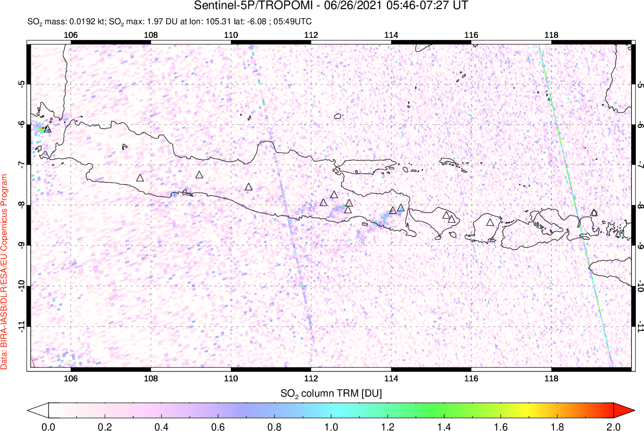 A sulfur dioxide image over Java, Indonesia on Jun 26, 2021.