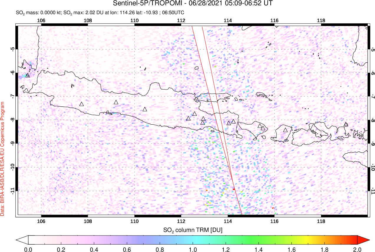 A sulfur dioxide image over Java, Indonesia on Jun 28, 2021.