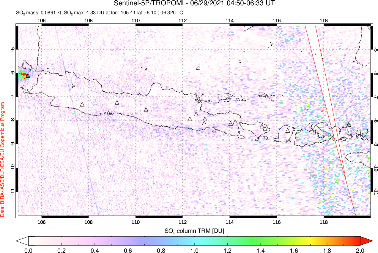 A sulfur dioxide image over Java, Indonesia on Jun 29, 2021.