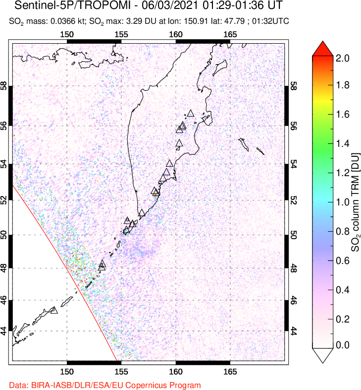A sulfur dioxide image over Kamchatka, Russian Federation on Jun 03, 2021.