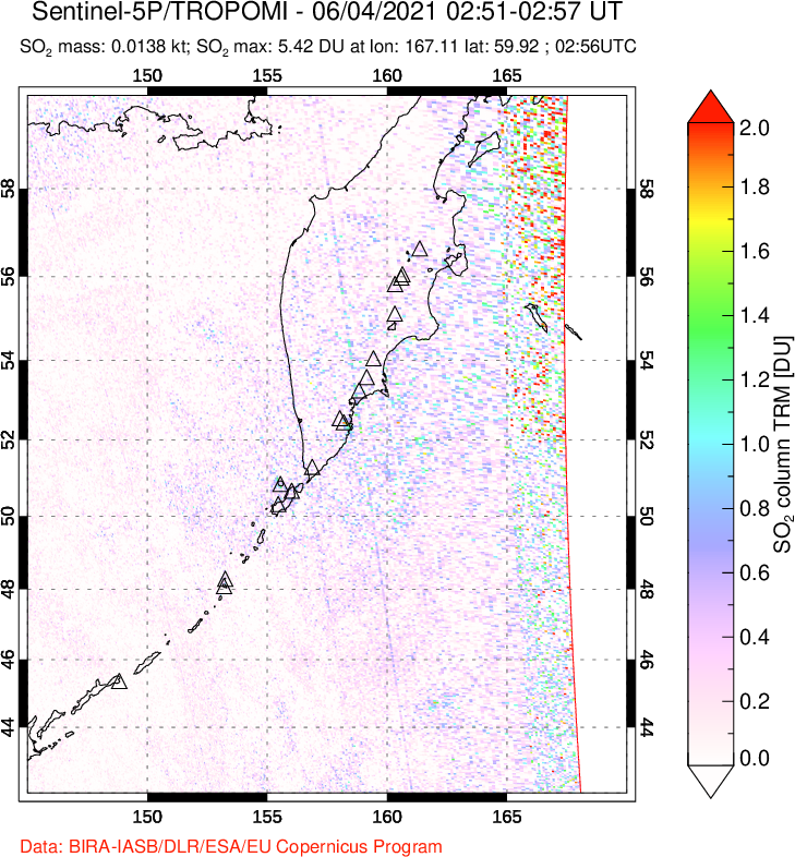 A sulfur dioxide image over Kamchatka, Russian Federation on Jun 04, 2021.
