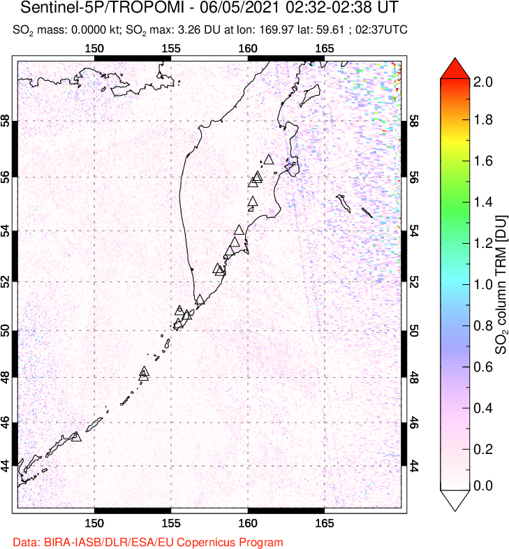 A sulfur dioxide image over Kamchatka, Russian Federation on Jun 05, 2021.