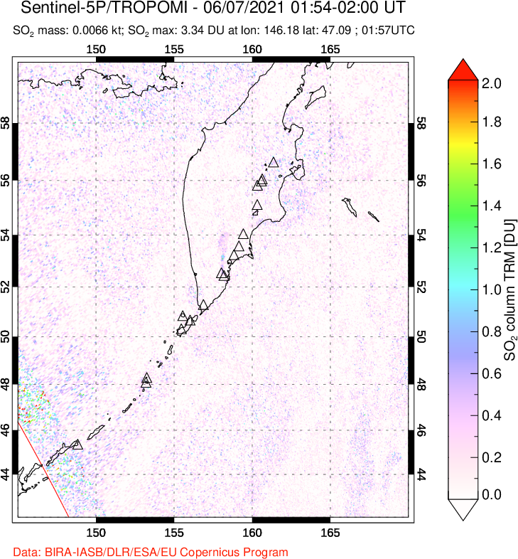 A sulfur dioxide image over Kamchatka, Russian Federation on Jun 07, 2021.