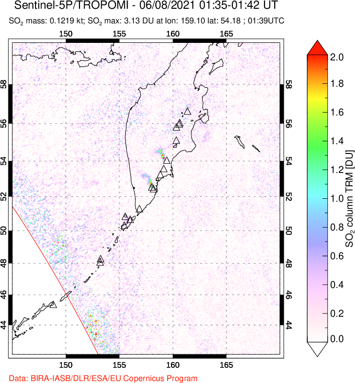 A sulfur dioxide image over Kamchatka, Russian Federation on Jun 08, 2021.