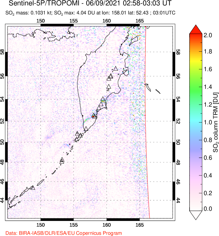 A sulfur dioxide image over Kamchatka, Russian Federation on Jun 09, 2021.