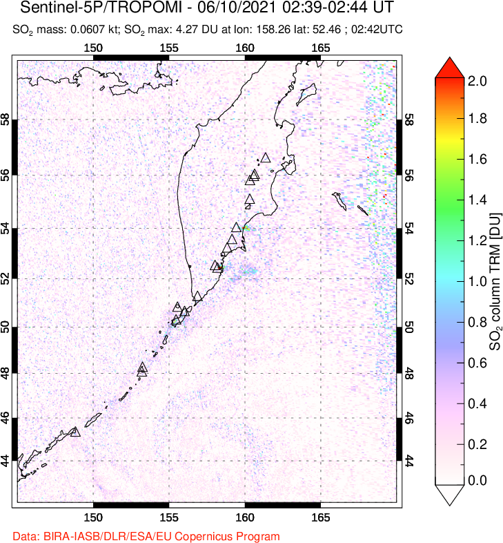 A sulfur dioxide image over Kamchatka, Russian Federation on Jun 10, 2021.