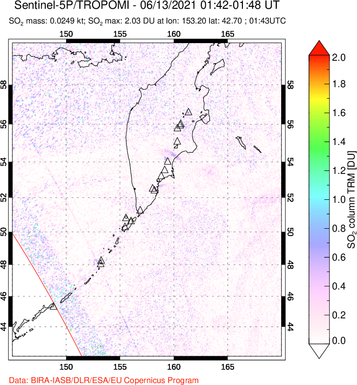 A sulfur dioxide image over Kamchatka, Russian Federation on Jun 13, 2021.